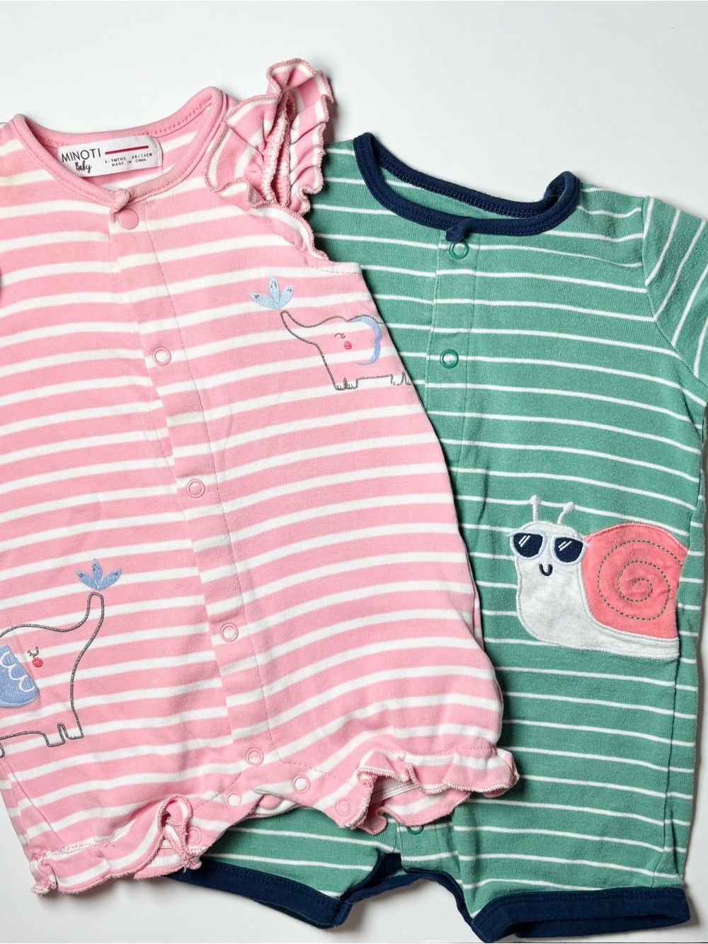 Minoti & Carter's Pink Elephant & Snail Embroidered Striped Romper Set 2pc 6-9M
